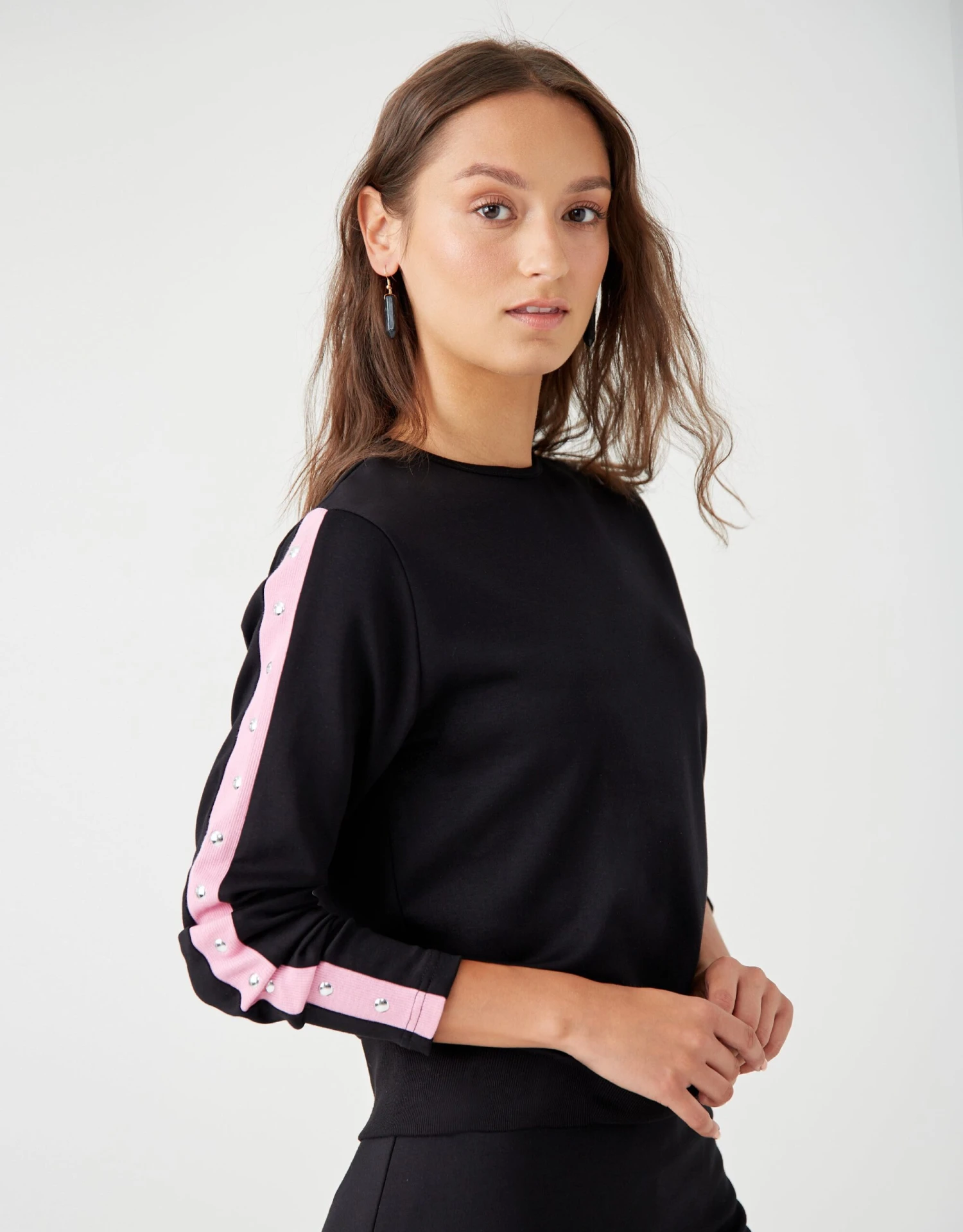 Crew Top With Studded Contrast Sleeve Rib Black Pink 1 Crew Top With Studded Contrast Sleeve Rib Black Pink