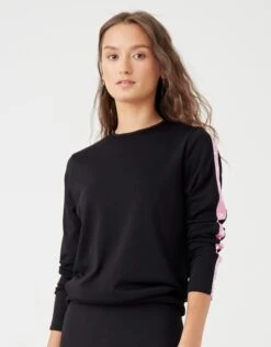 Crew Top With Studded Contrast Sleeve Rib Black Pink 5 Crew Top With Studded Contrast Sleeve Rib Black Pink -Fashionable Home Wear SSP2495 StudSleeve.BlkPink3