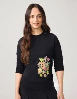 Light French Terry Sweatshirt With Embroidered Motif Black