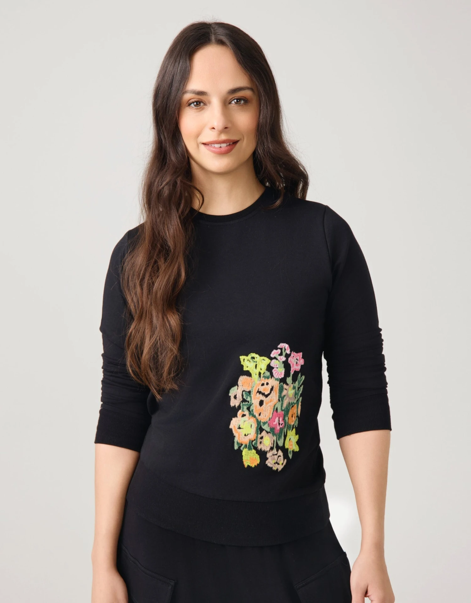Light French Terry Sweatshirt With Embroidered Motif Black 1 Light French Terry Sweatshirt With Embroidered Motif Black