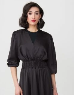 Satin Long Sleeve Lined Mock Wrap Maxi Dress Shabbos Robe -Fashionable Home Wear SatinShirredMidriffDress3