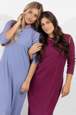 Button Nightgown With Stitched Seams Fuschia Stripe