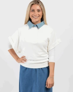 Cactus Ivory Short Sleeve Shirt With Denim Collar