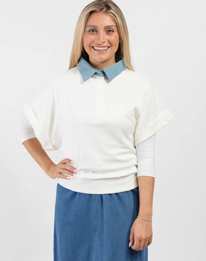 Cactus Ivory Short Sleeve Shirt With Denim Collar 1 Cactus Ivory Short Sleeve Shirt With Denim Collar