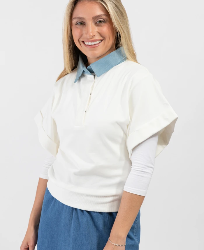 Cactus Ivory Short Sleeve Shirt With Denim Collar 2 Cactus Ivory Short Sleeve Shirt With Denim Collar - Image 2