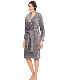 Cinderella Terry Wrap Short Belted Hoodie Bathrobe With Piped Trim Gray