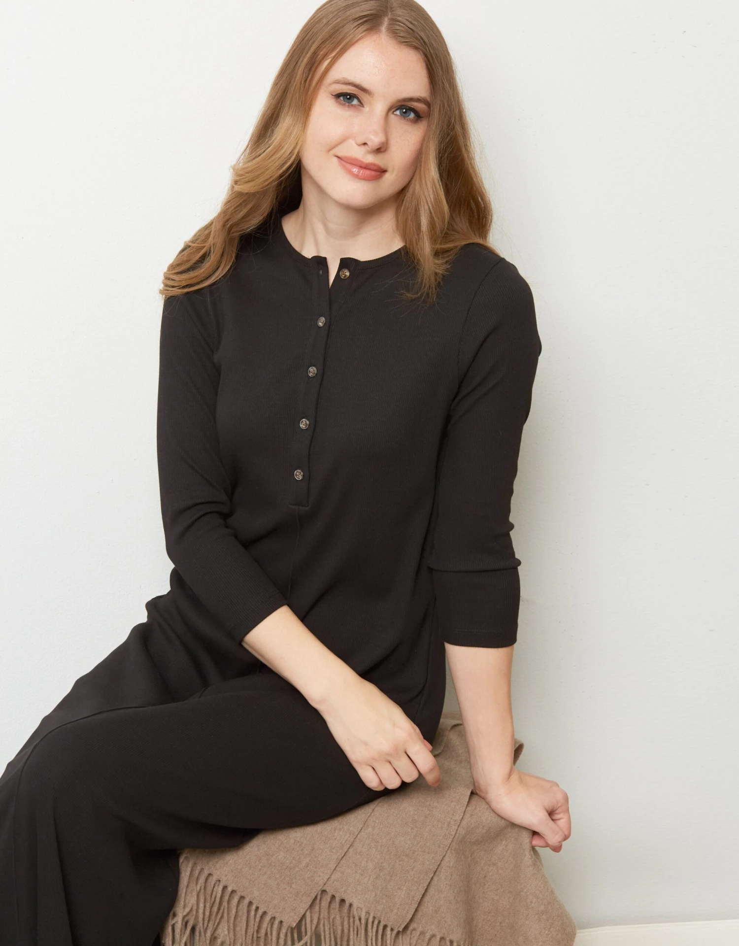 Button Front Ribbed Nightgown Black 2 Button Front Ribbed Nightgown Black - Image 2