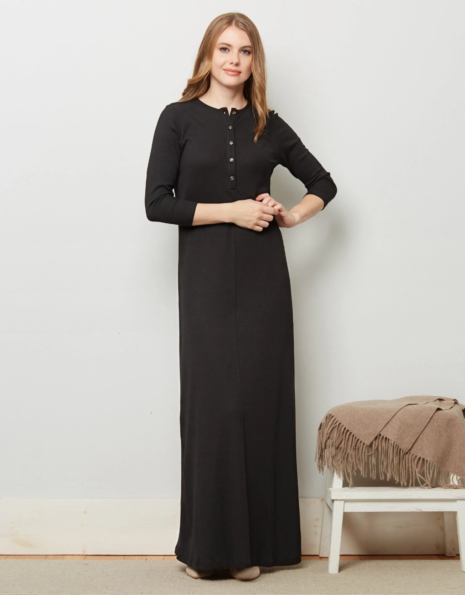 Button Front Ribbed Nightgown Black 1 Button Front Ribbed Nightgown Black