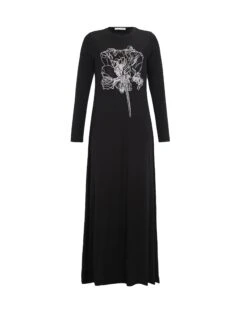 Pull On Nightgown With Floral Motif Black
