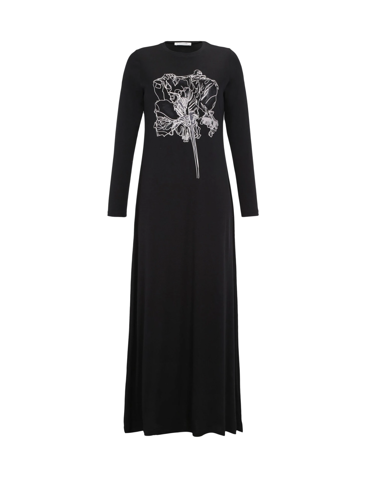 Pull On Nightgown With Floral Motif Black 1 Pull On Nightgown With Floral Motif Black