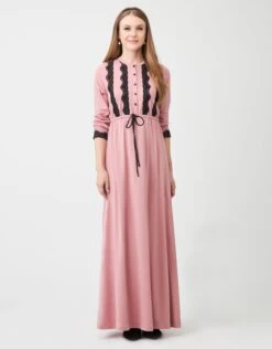 Lace Trimmed Button Nightgown With Drawstring Pink Black