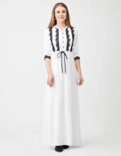 Lace Trimmed Button Nightgown With Drawstring White Black