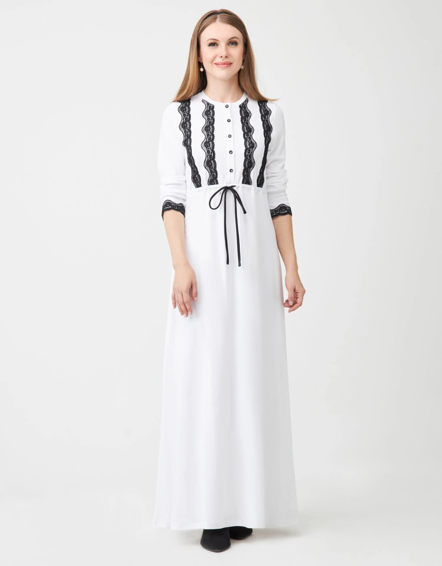 Lace Trimmed Button Nightgown With Drawstring White Black 1 Lace Trimmed Button Nightgown With Drawstring White Black