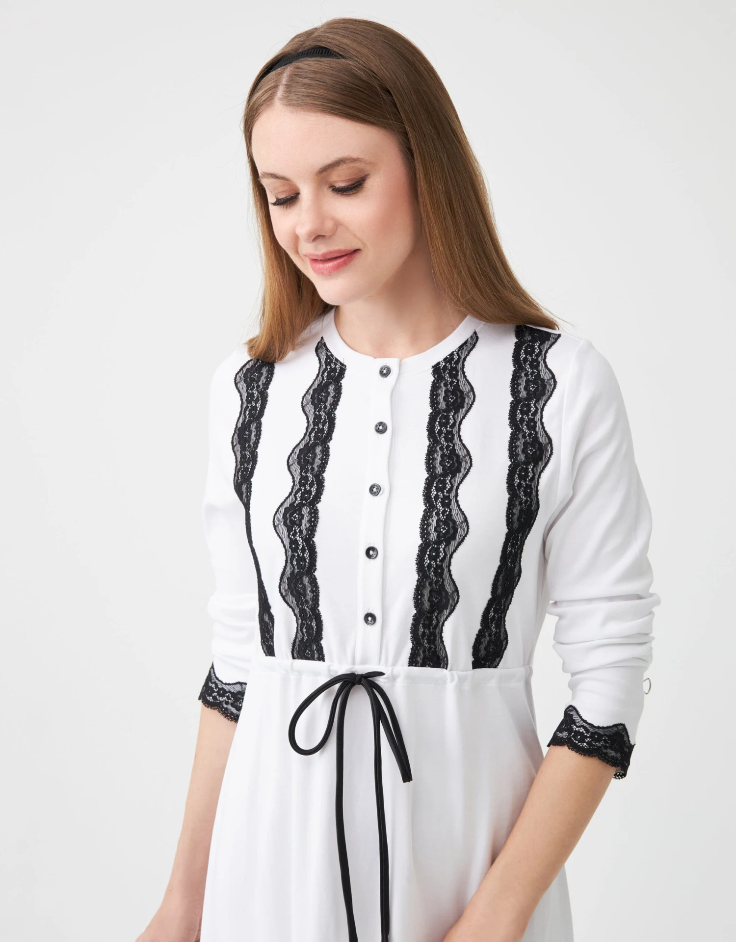 Lace Trimmed Button Nightgown With Drawstring White Black 2 Lace Trimmed Button Nightgown With Drawstring White Black - Image 2