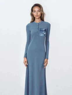 Button Front Nightgown With Satin Pocket And Logo Motif Lt.Blue