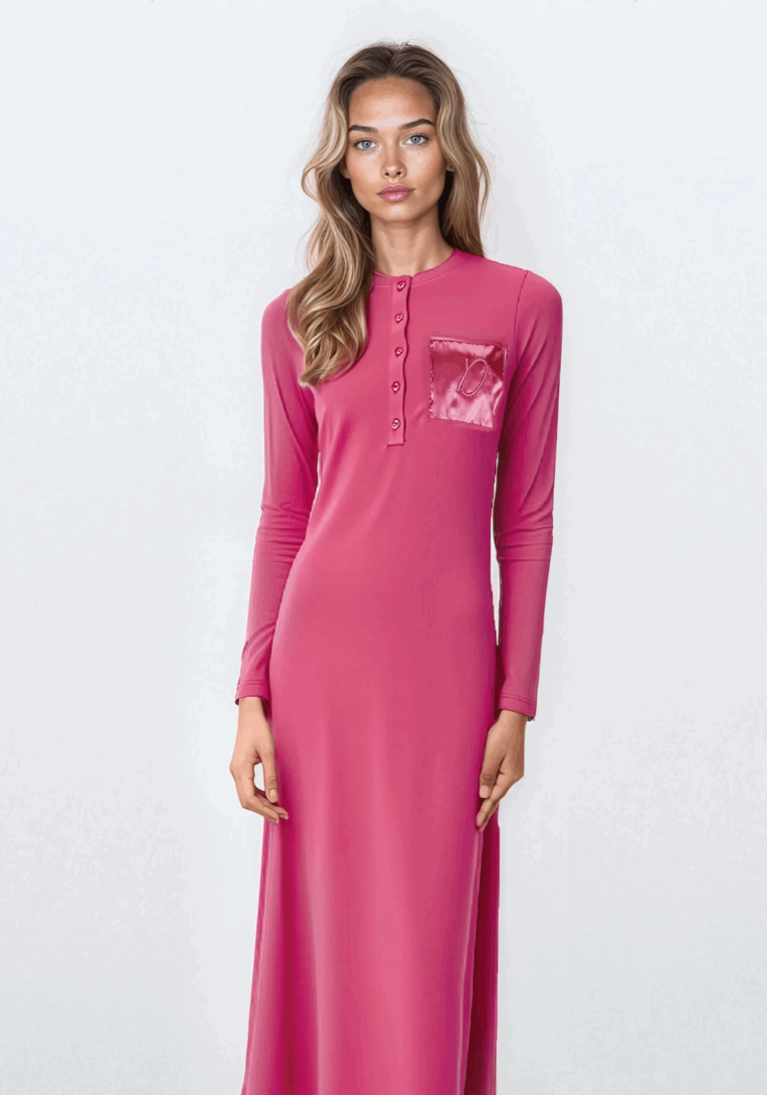Button Front Nightgown With Satin Pocket And Logo Motif Pink 1 Button Front Nightgown With Satin Pocket And Logo Motif Pink