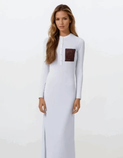 White Crochet Pocket Button Down Nightgown Deep