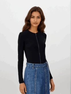 Ribbed Zipper Top -Fashionable Home Wear TLSP1512 BLACK r000 a000 denimskirt Stephanie LightStudio