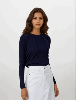 Ribbed Dolman Sleeve Top -Fashionable Home Wear TLSP1516 DARKNAVY r000 a000 1 whitedenimskirt Stephanie LightStudio