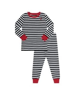 Striped Pima Cotton Kids Pajamas Legging Playwear Set With Sprinkled Heart Black Red