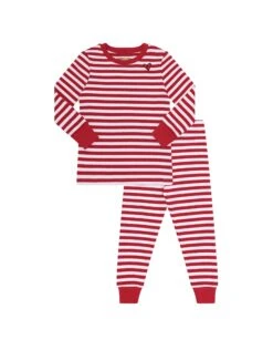 Striped Pima Cotton Kids Pajamas Legging Playwear Set With Sprinkled Heart Red