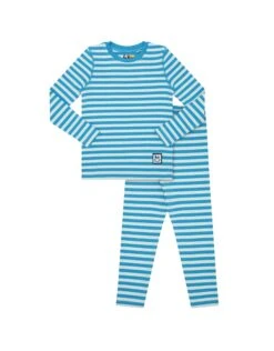 Pima Cotton Kids Pajamas Legging Playwear Set With Stitched Seams Blue White