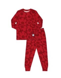 Pima Cotton Kids Pajamas Legging Playwear Set Flower Puffs Red