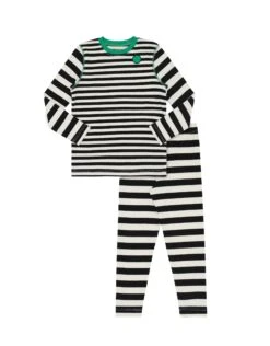 Pima Cotton Kids Pajamas Legging Playwear Set With Stitched Seams Multi Stripe Green