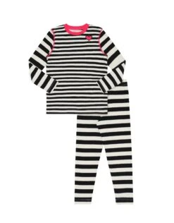 Pima Cotton Kids Pajamas Legging Playwear Set With Stitched Seams Multi Stripe Pink