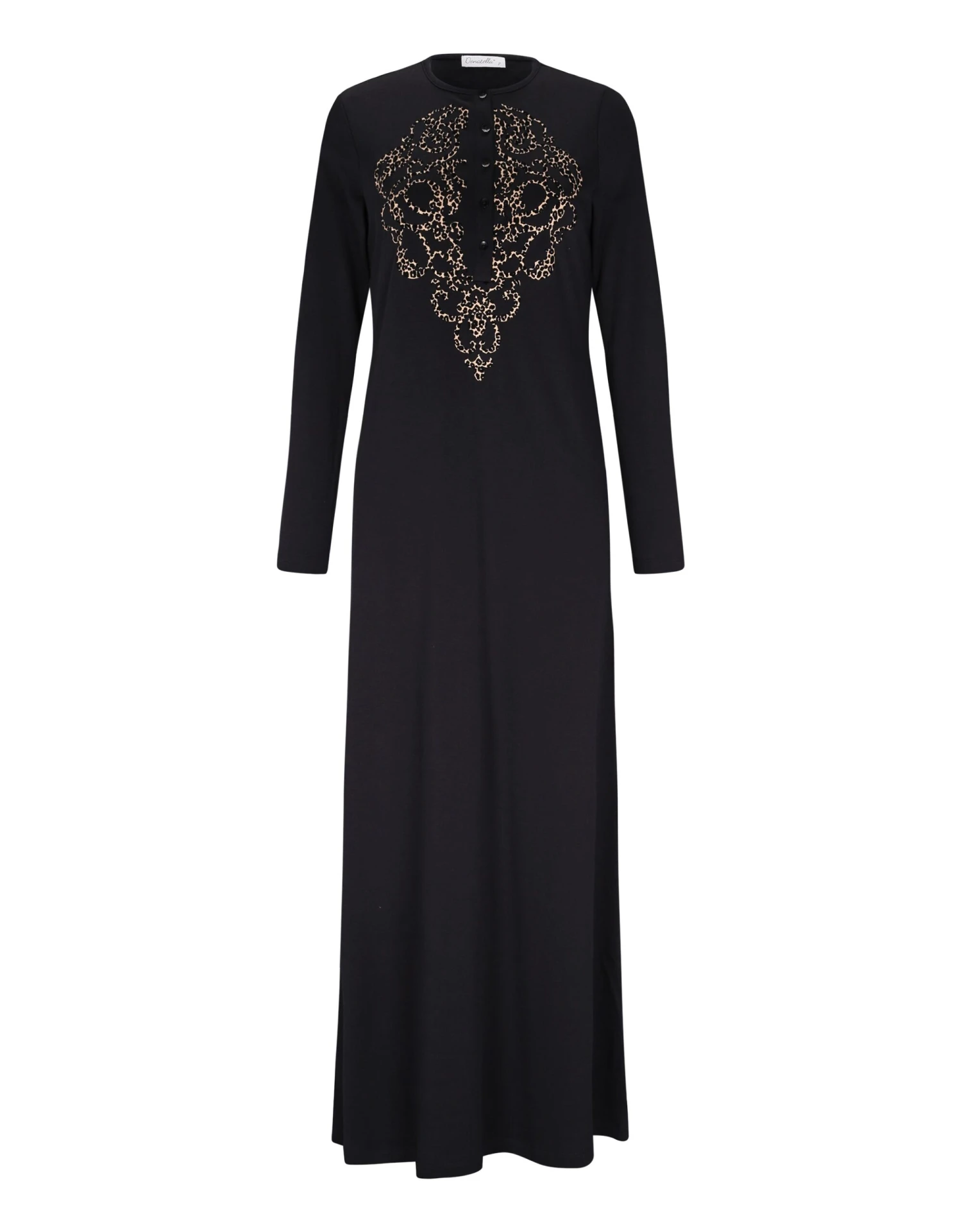 Button Nightgown With Flocked Medallion Motif Black 1 Button Nightgown With Flocked Medallion Motif Black