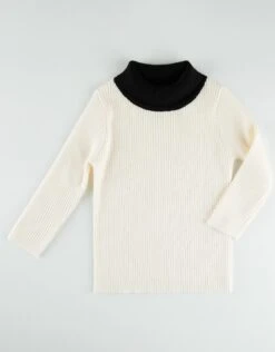Kids Rib Knit Sweater With Contrast Turtle Neck Ivory Black
