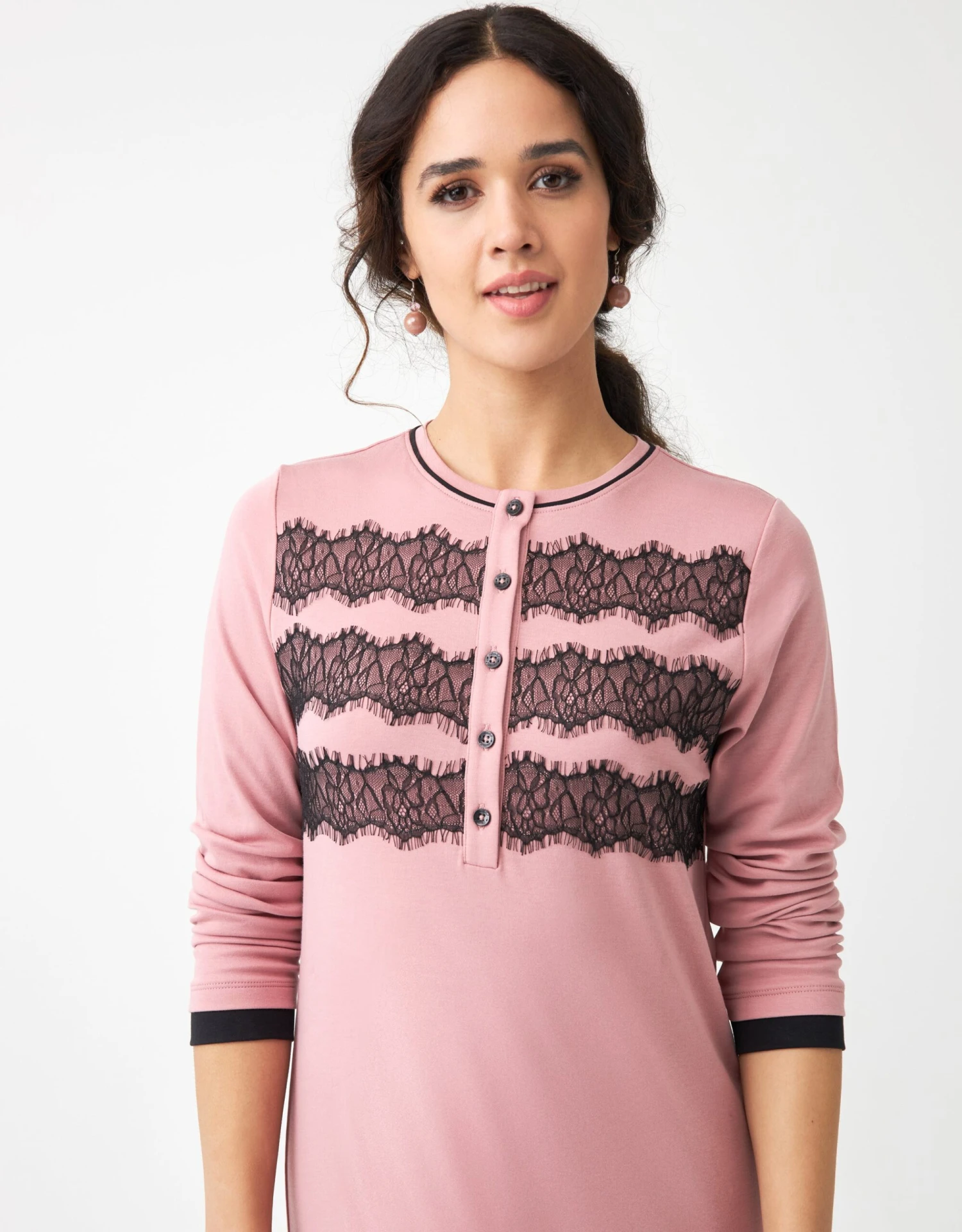 Cinderella Triple Lace Button Front Nightgown Pink Black 2 Cinderella Triple Lace Button Front Nightgown Pink Black - Image 2