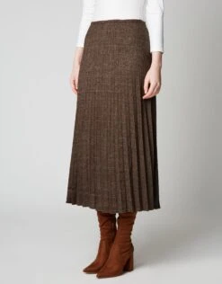 33" Unlined Accordian Pleat Woven Skirt Coffee Plaid