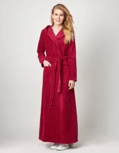 Terry Wrap Long Waffle Textured Belted Bathrobe With Hood Raspberry