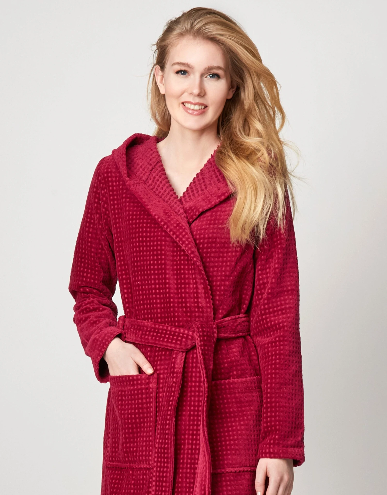 Terry Wrap Long Waffle Textured Belted Bathrobe With Hood Raspberry 3 Terry Wrap Long Waffle Textured Belted Bathrobe With Hood Raspberry - Image 3