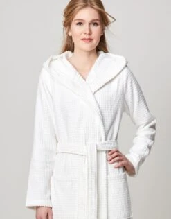 Terry Wrap Long Waffle Textured Belted Bathrobe With Hood White 5 Terry Wrap Long Waffle Textured Belted Bathrobe With Hood White -Fashionable Home Wear Waffle.Hood .White2