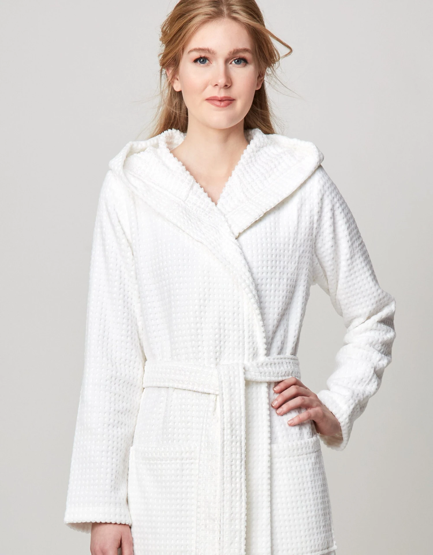 Terry Wrap Long Waffle Textured Belted Bathrobe With Hood White 3 Terry Wrap Long Waffle Textured Belted Bathrobe With Hood White - Image 3