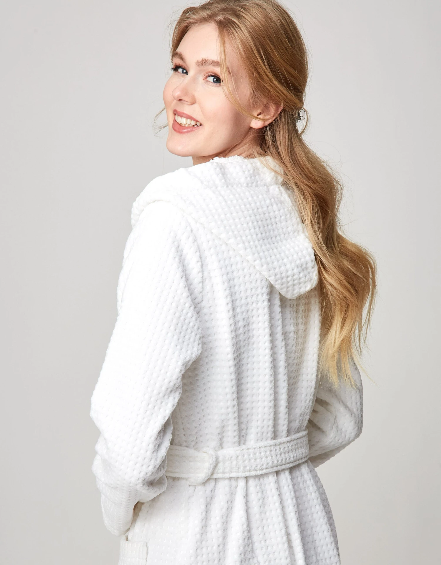 Terry Wrap Long Waffle Textured Belted Bathrobe With Hood White 2 Terry Wrap Long Waffle Textured Belted Bathrobe With Hood White - Image 2