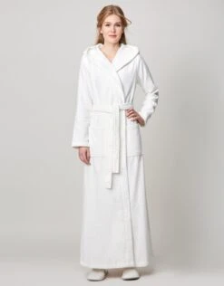 Terry Wrap Long Waffle Textured Belted Bathrobe With Hood White