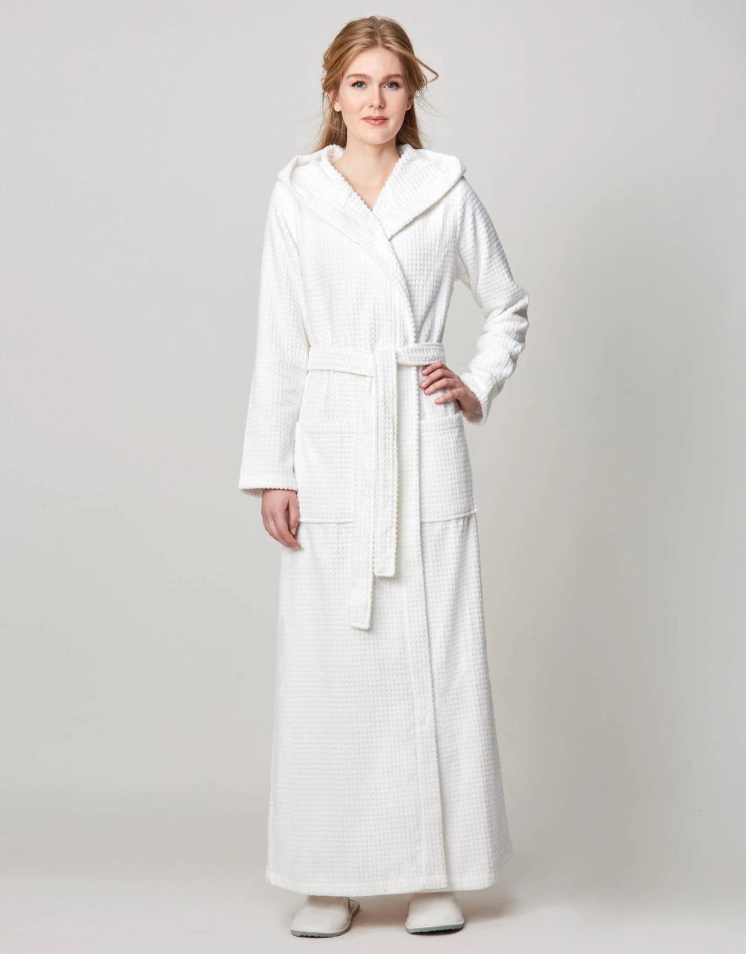 Terry Wrap Long Waffle Textured Belted Bathrobe With Hood White 1 Terry Wrap Long Waffle Textured Belted Bathrobe With Hood White
