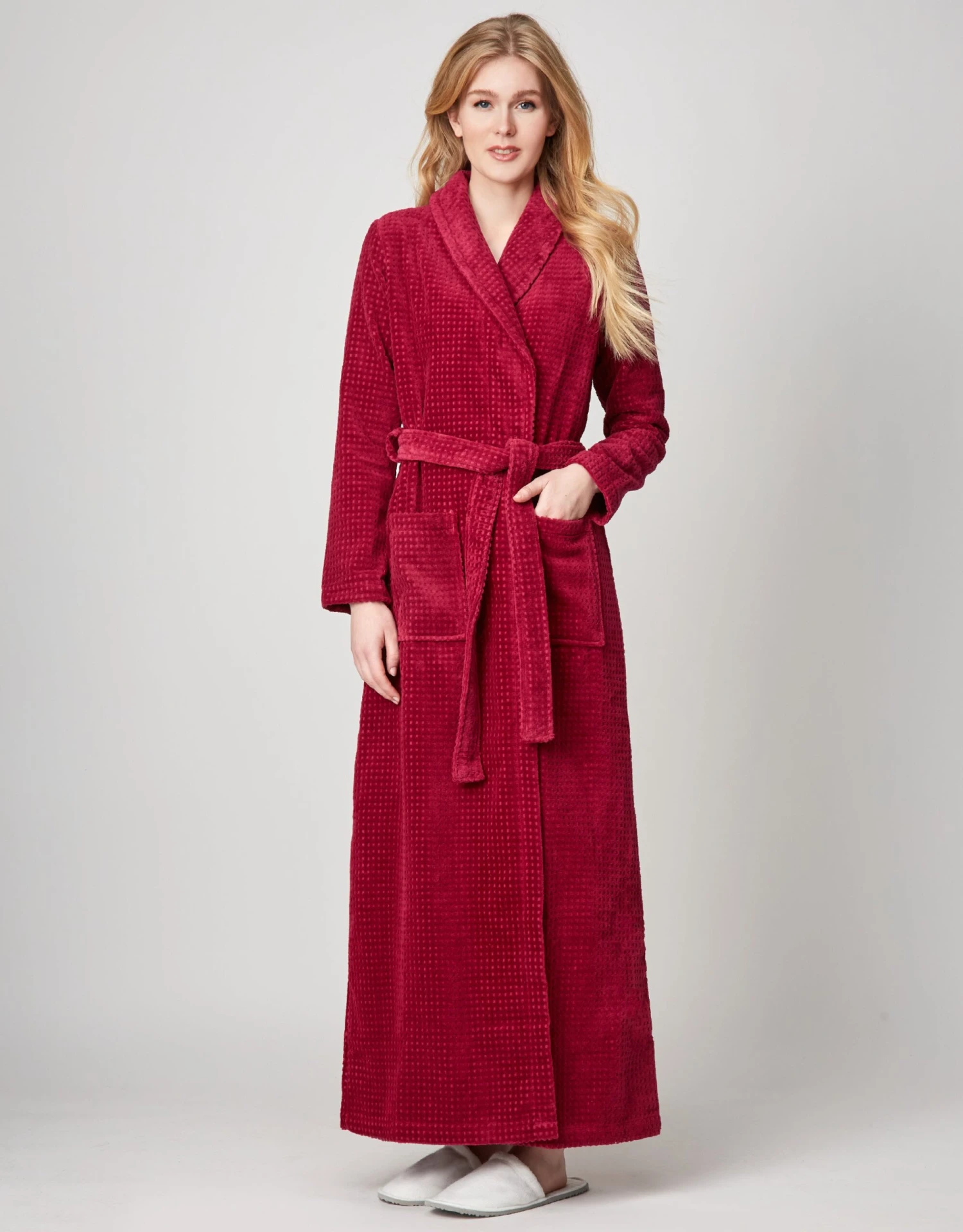Terry Wrap Long Waffle Textured Belted Bathrobe With Shawl Collar Raspberry 1 Terry Wrap Long Waffle Textured Belted Bathrobe With Shawl Collar Raspberry