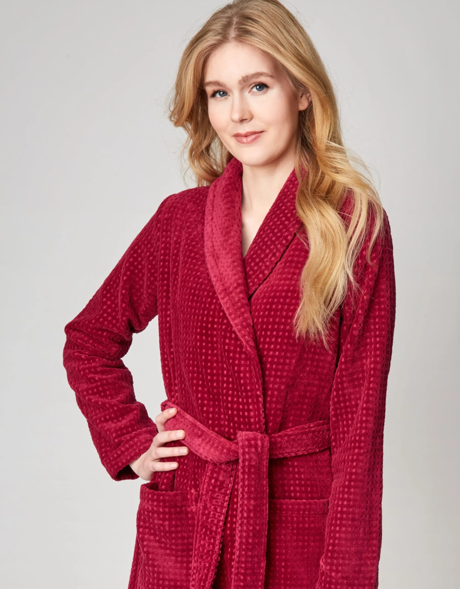 Terry Wrap Long Waffle Textured Belted Bathrobe With Shawl Collar Raspberry 2 Terry Wrap Long Waffle Textured Belted Bathrobe With Shawl Collar Raspberry - Image 2