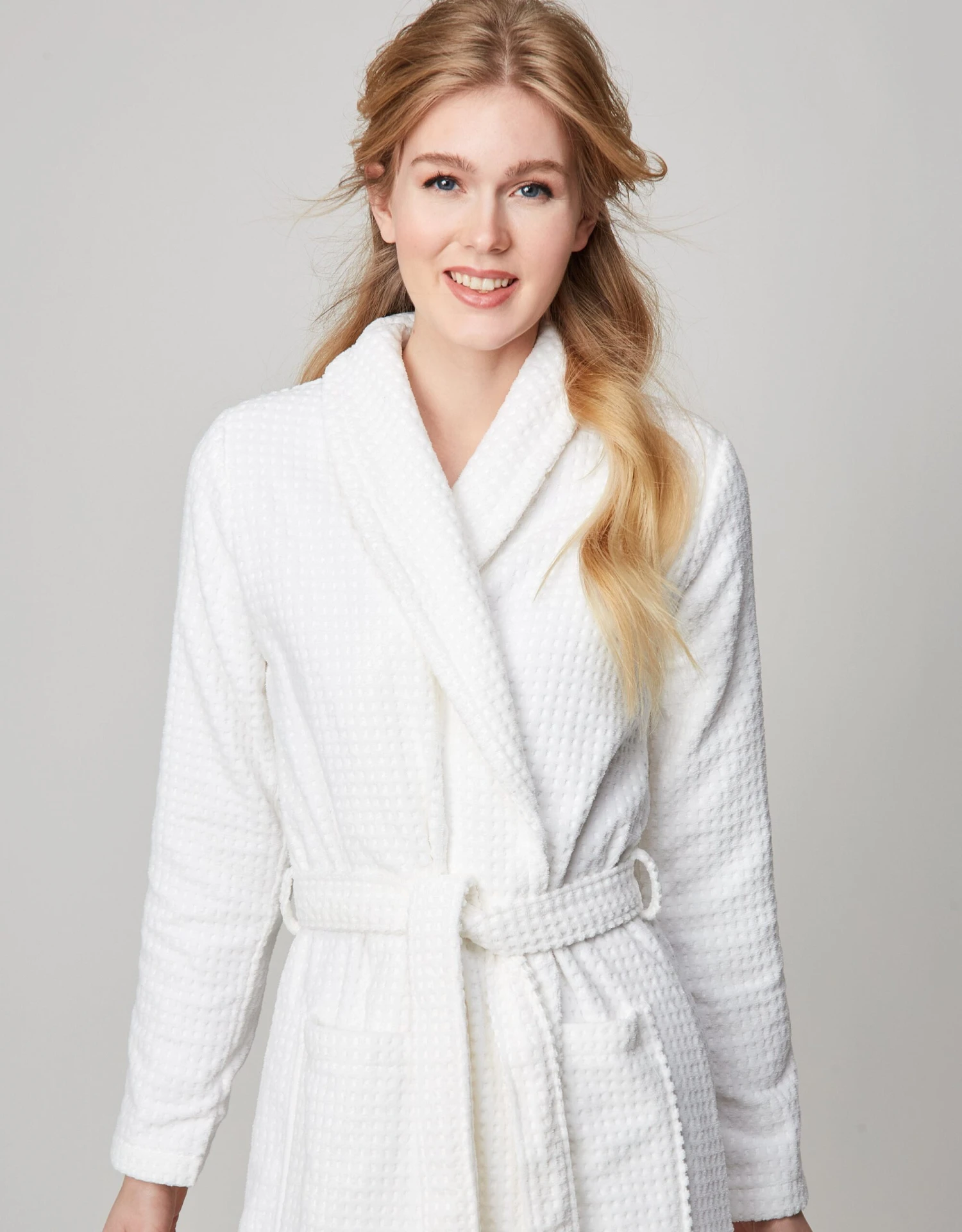 Terry Wrap Long Waffle Textured Belted Bathrobe With Shawl Collar White 2 Terry Wrap Long Waffle Textured Belted Bathrobe With Shawl Collar White - Image 2