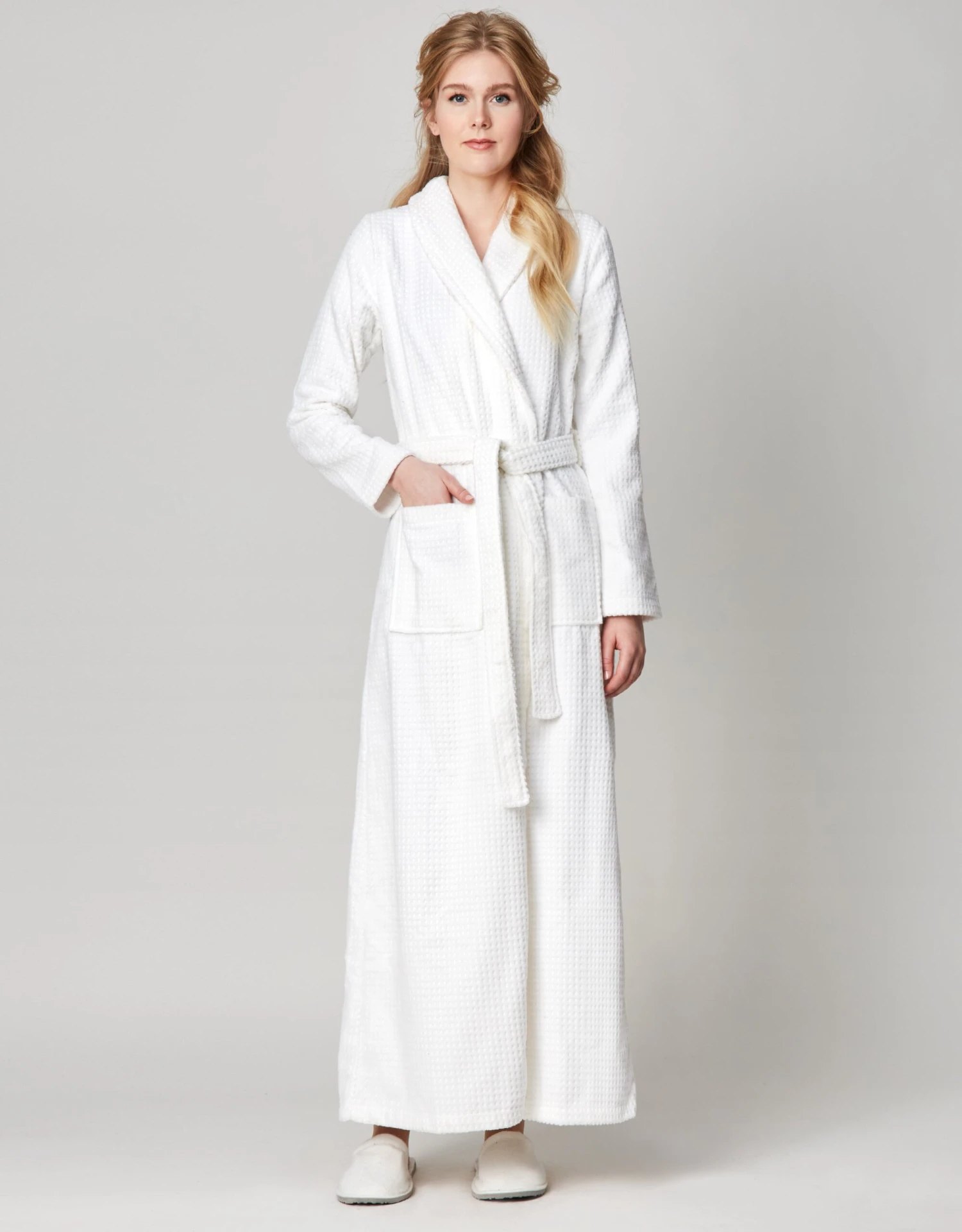 Terry Wrap Long Waffle Textured Belted Bathrobe With Shawl Collar White 1 Terry Wrap Long Waffle Textured Belted Bathrobe With Shawl Collar White
