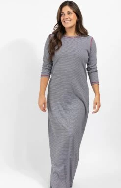 Striped Pull On Nightgown With Contrast Rib Black Ivory