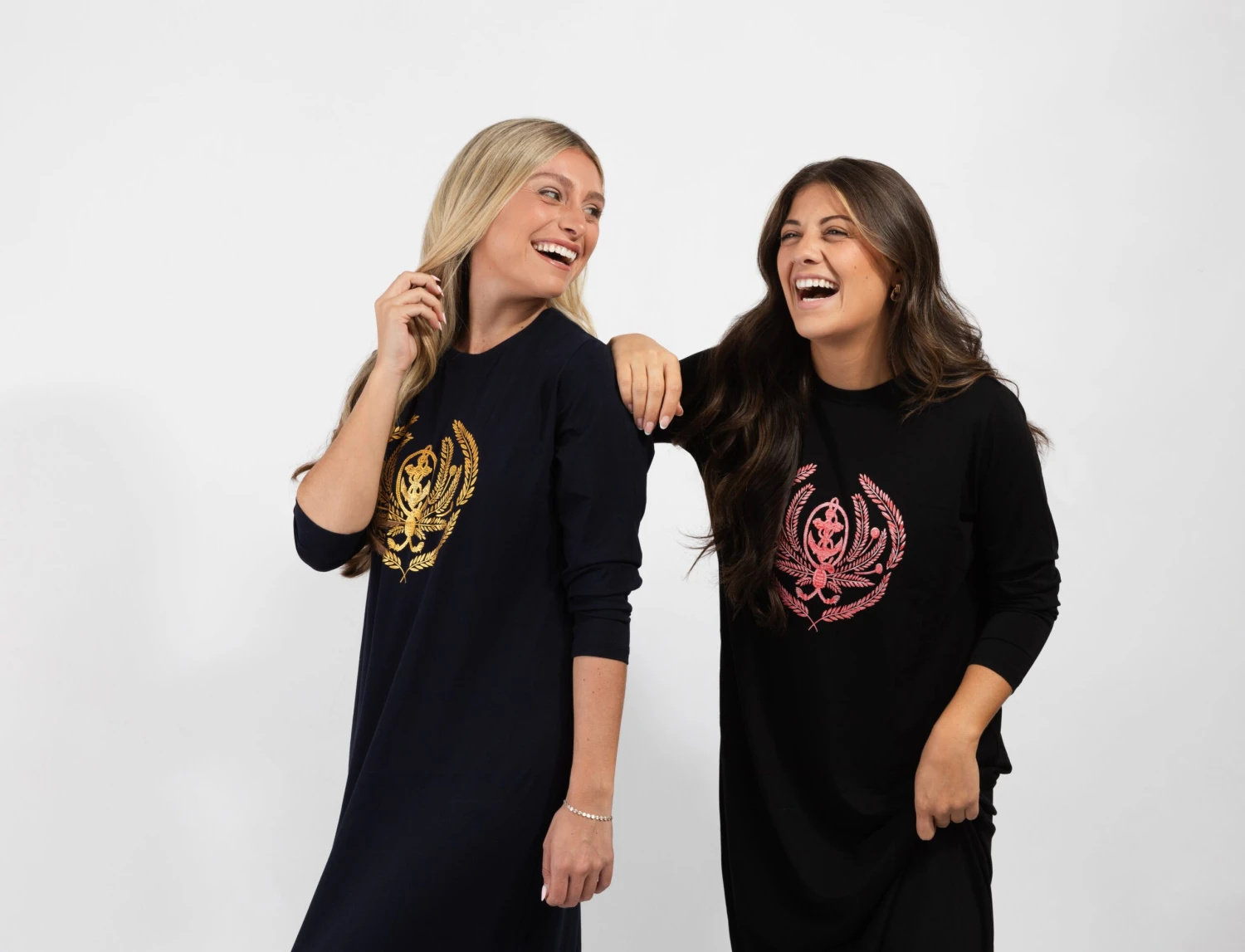 Pull On Nightgown With Crest Motif Black Gold 1 Pull On Nightgown With Crest Motif Black Gold