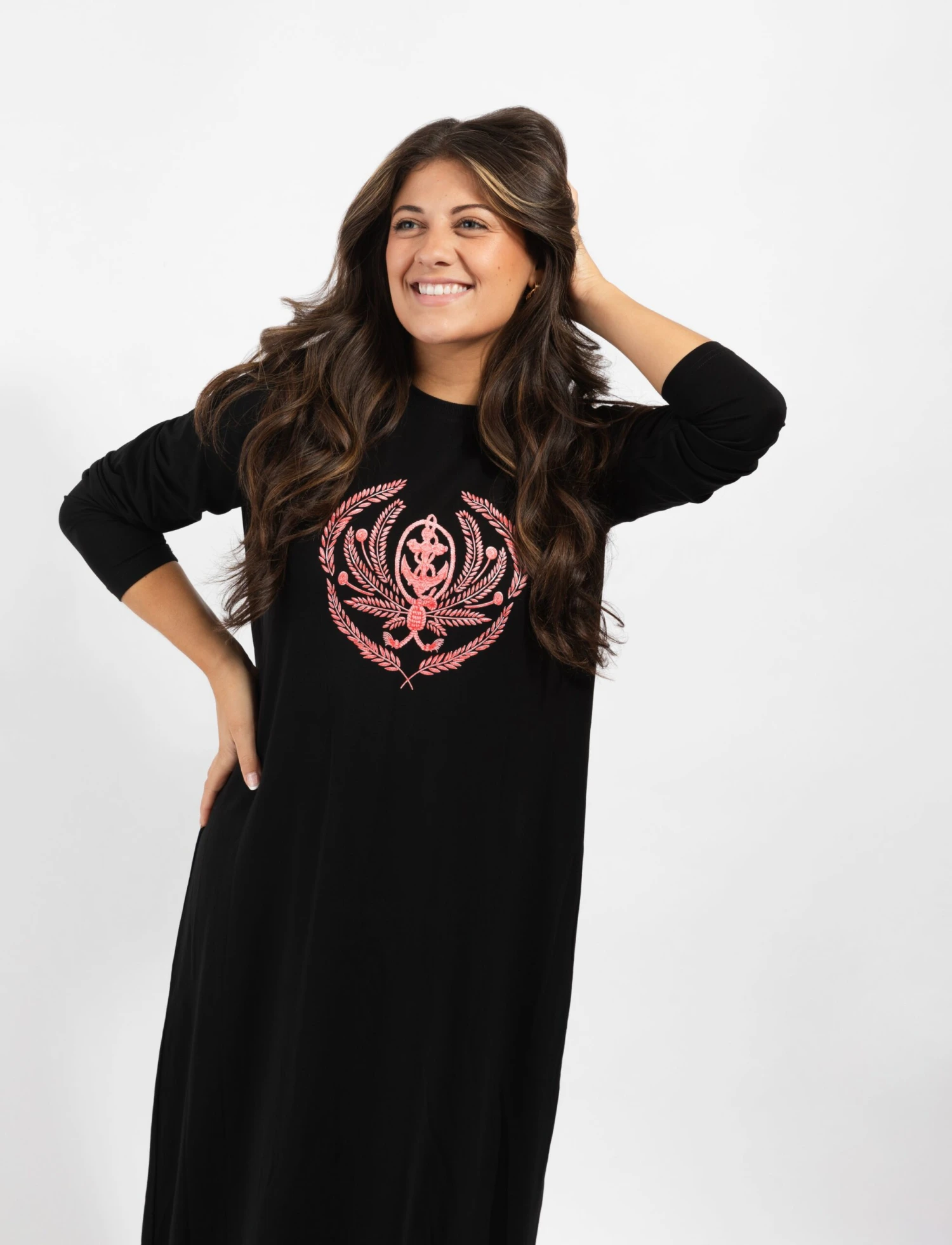 Pull On Nightgown With Crest Motif Black Pink 2 Pull On Nightgown With Crest Motif Black Pink - Image 2