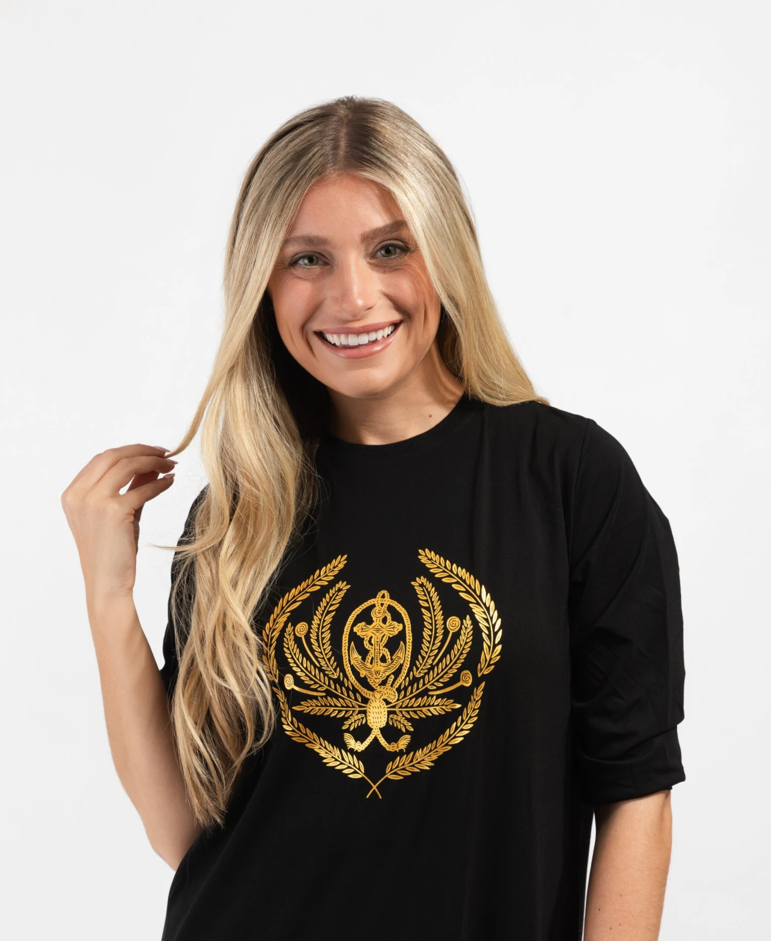 Pull On Nightgown With Crest Motif Black Gold 2 Pull On Nightgown With Crest Motif Black Gold - Image 2