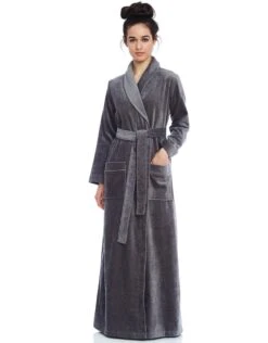 Cinderella Terry Wrap Long Belted Bathrobe With Piped Trim Gray