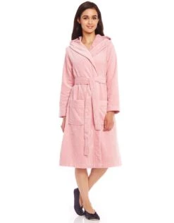 Cinderella Terry Wrap Short Belted Hoodie Bathrobe With Piped Trim Pink